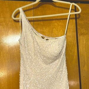 Scala white one shoulder hand beaded dress